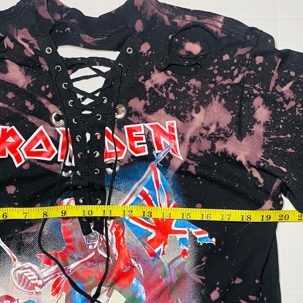 IRON MAIDEN Womens Small T Shirt Distressed Holes The Trooper Tie Dye Metal Rock - Picture 9 of 10